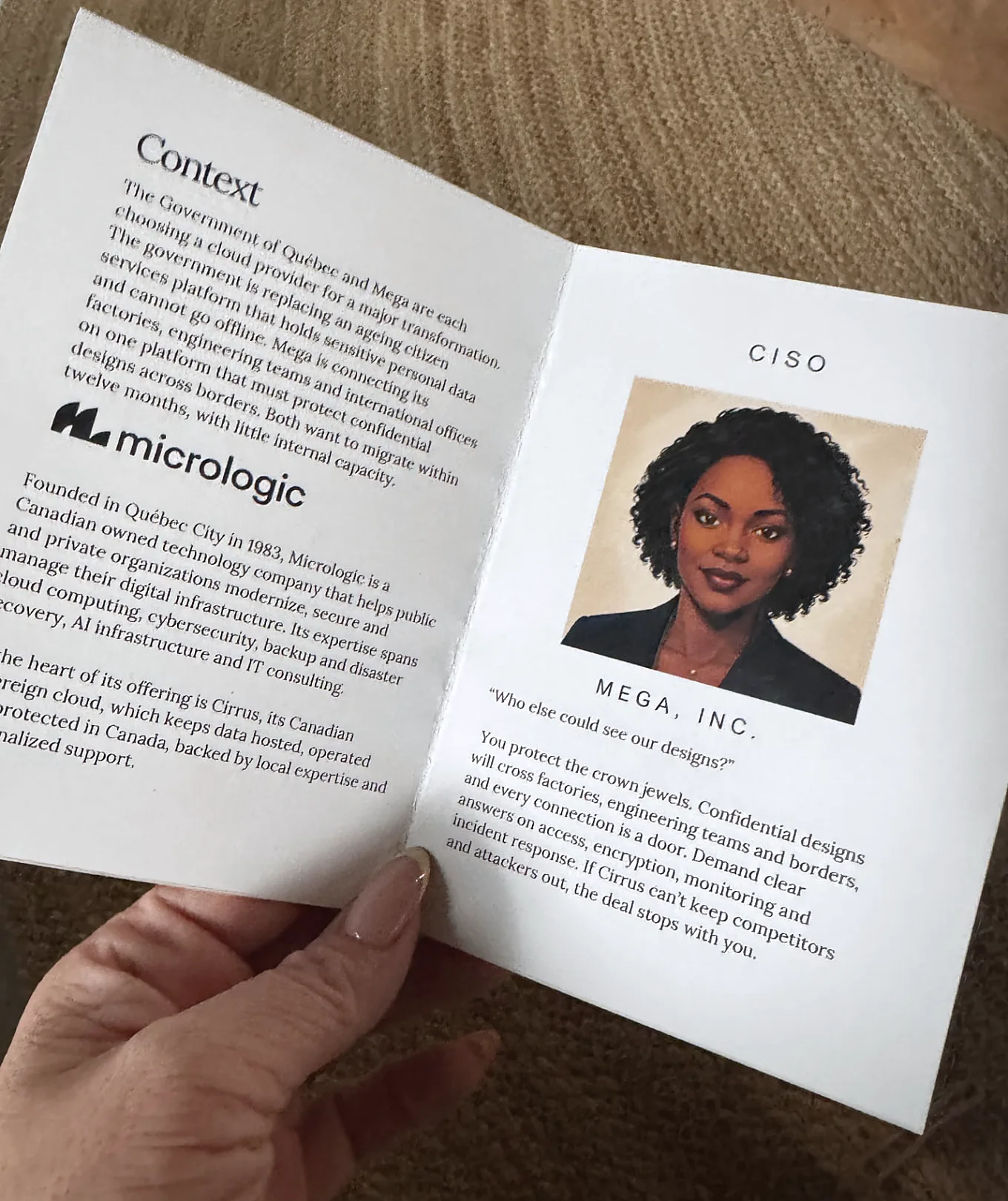 Workshop booklet showing the fictional CISO role at Mega, Inc.