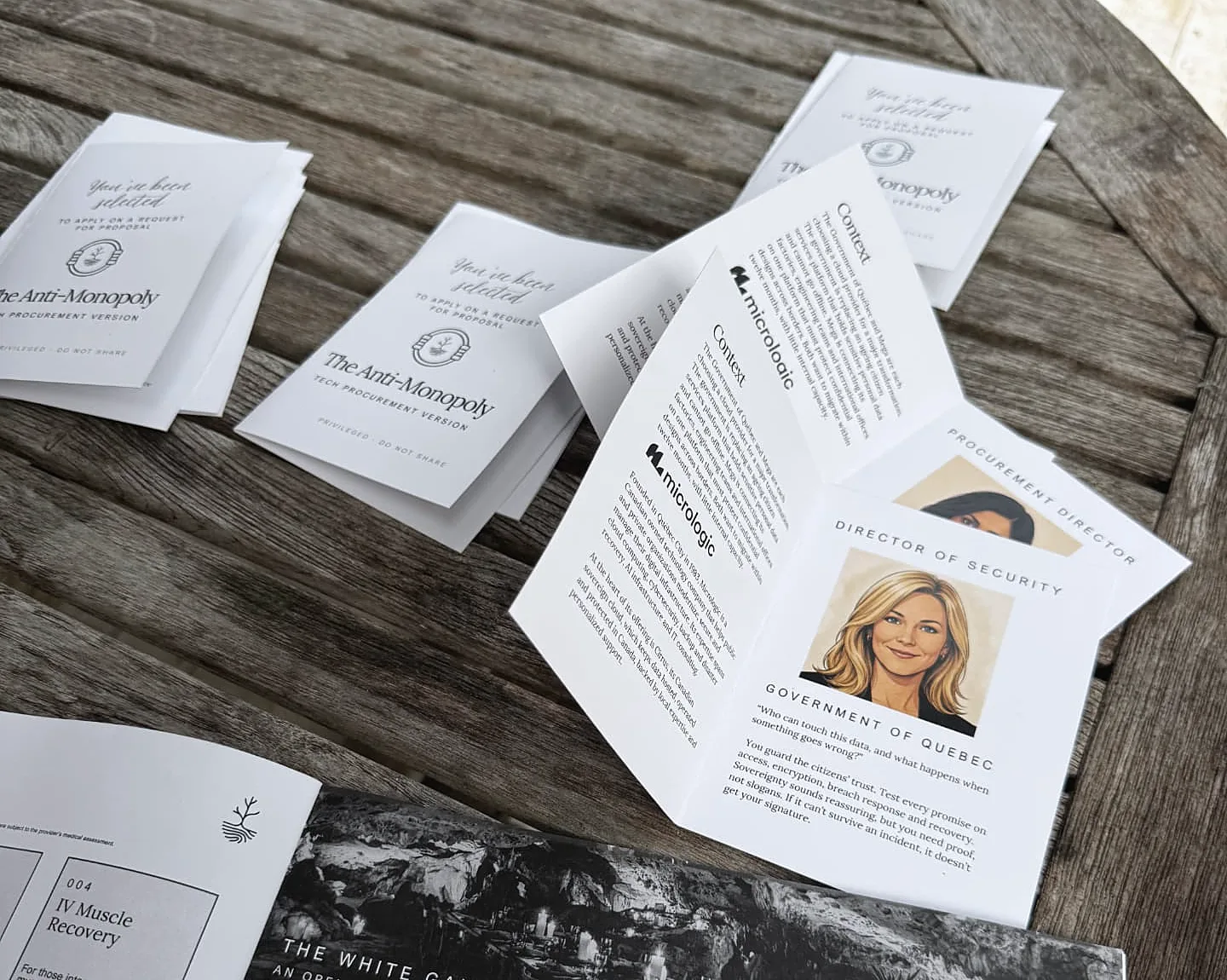 The Anti-Monopoly workshop booklets and executive role cards arranged on a wooden table.