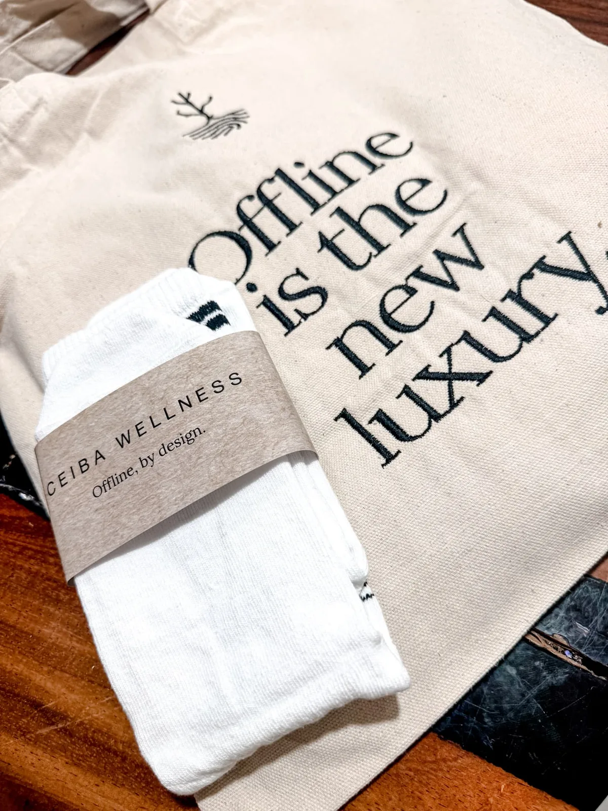 Grip socks in their Ceiba Wellness band beside a tote