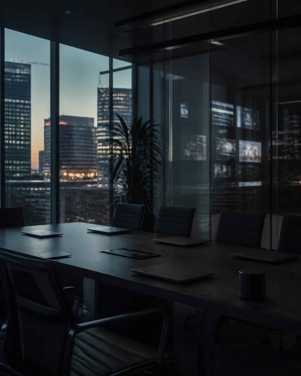 Empty glass corporate meeting room at dusk with city towers lit behind the window